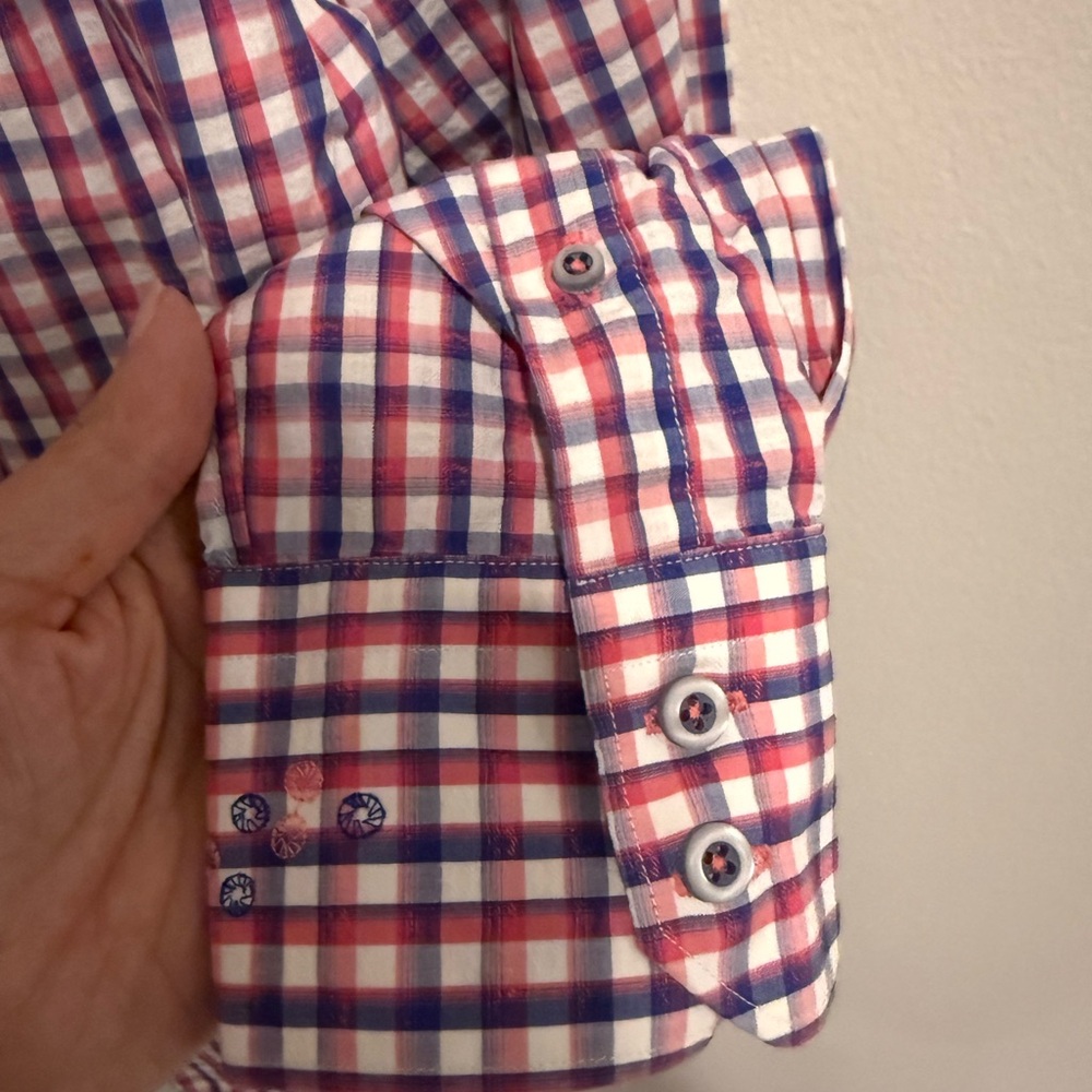 Robert Graham Dress Shirt Medium Classic Fit Red White Gingham Check Paisley - Picture 10 of 11